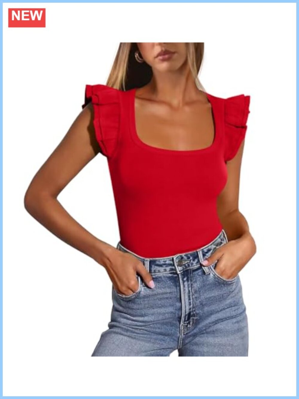 Women's Square Neck Ruffle Sleeve Slim Fit Tank Top Summer Casual
